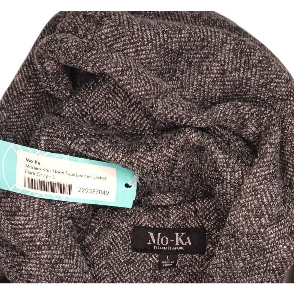 Stitch Fix Mo-Ka Womens Sz Large Gray Faux Leather Biker Jacket Meriam Knit Hood - Picture 6 of 6